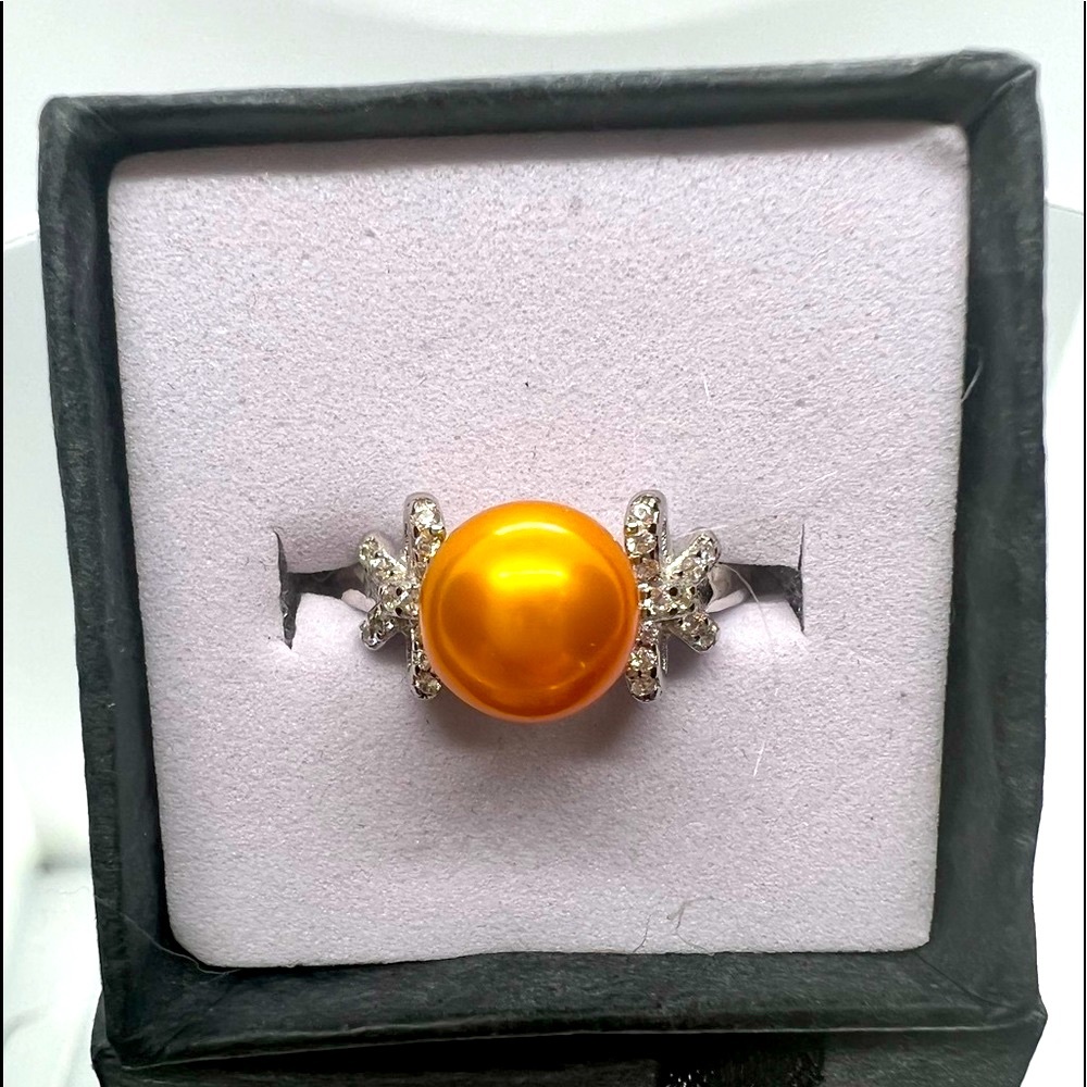 💎Adjustable Sterling Silver .925 Orange Cultured Pearl with Crystal Accent